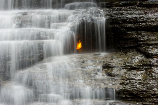 A close-up of the gas-lit flame below Eternal Flame Falls in Chestnut Ridge Park, Orchard Park, NY.