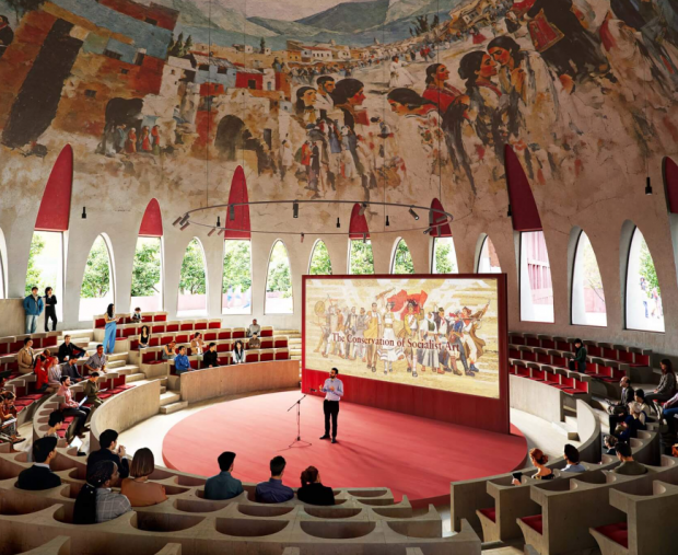 A mural from a local artist adorns the ceiling inside the agora